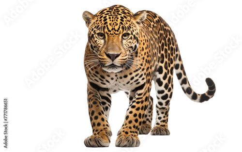 A large leopard gracefully walks across a blank white canvas © FMSTUDIO