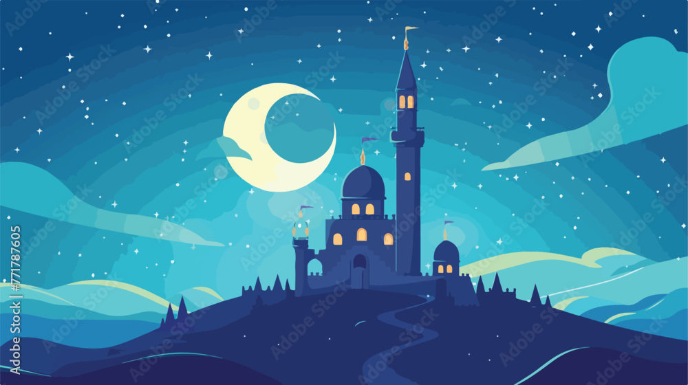 Arabic castle tower with moon flat cartoon vactor i - obrazy, fototapety, plakaty 