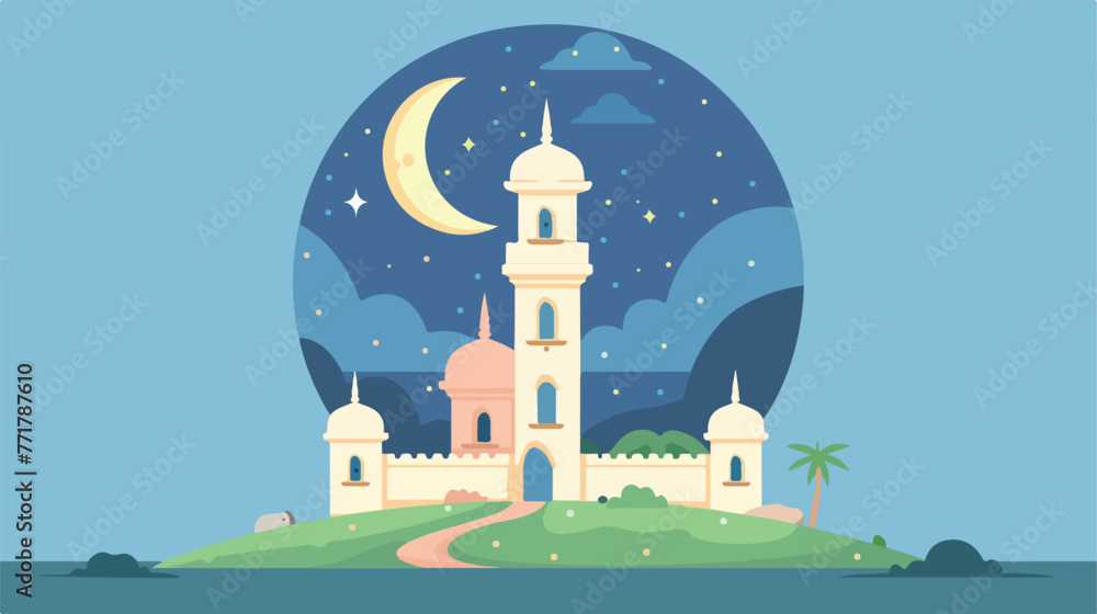 Arabic castle tower with moon flat cartoon vactor i - obrazy, fototapety, plakaty 