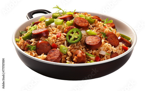 A bowl overflows with savory sausage, vibrant peppers, and fluffy rice