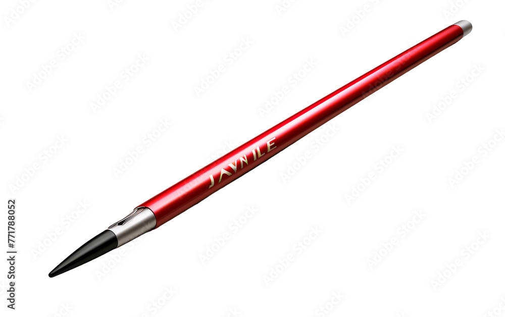A vibrant red pen with a sleek black tip resting on a pristine white surface A vibrant red pen with a sleek black tip resting on a pristine white surface