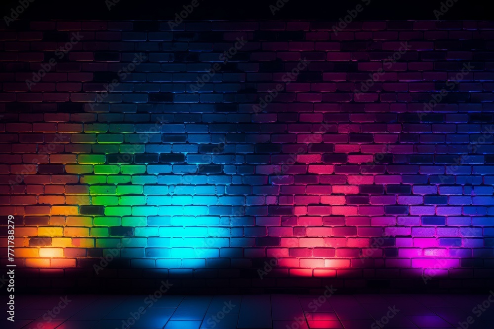Dramatic Neon blue red brick wall structure. Concrete dark light room. Generate AI Dramatic Neon blue red brick wall structure. Concrete dark light room. Generate AI