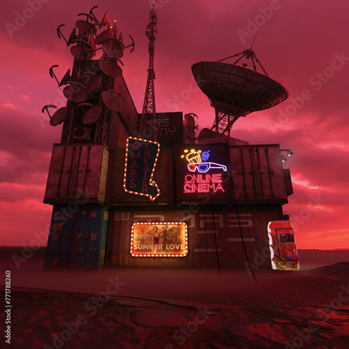 3D rendered sci-fi background image with a Martian cinema station
