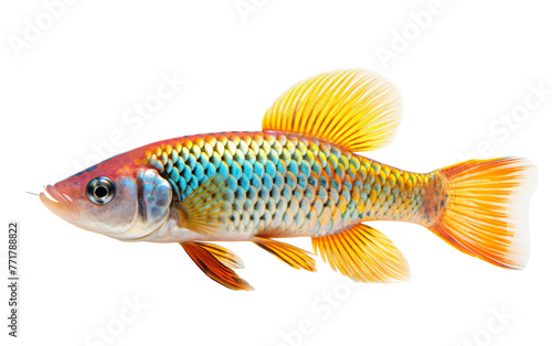 A striking yellow and blue fish gracefully swims in a serene white background