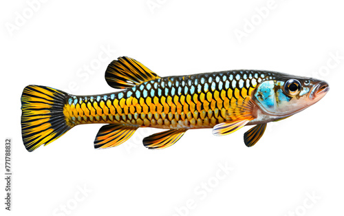 A vibrant yellow and blue fish swims gracefully in shimmering waters