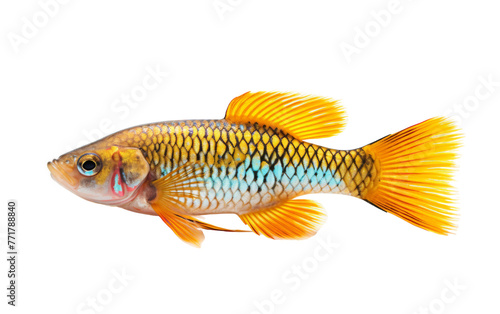 A vibrant yellow and blue fish swims gracefully against a clean white background