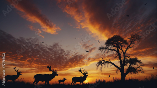 silhouette of a deer, deer in the sunset
