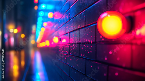 A vibrant and atmospheric scene of dark alley illuminated by colorful neon lights reflecting off wet surface, creating ethereal and cinematic ambiance, virtual reality, virtual reality, gaming space