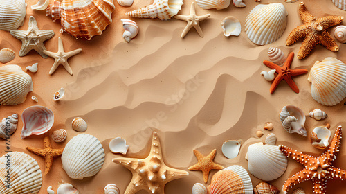 Summer vacation background greeting card - Frame made of various seashells, starfish and sand isolated on apricot colored paper texture table background, top view © Jula Isaeva 