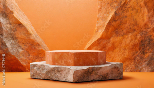 Geometric round stone podium for presentation, pastel orange tones. Podium for presentation. Pedestal for promotion.