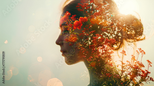  Profile of a woman with flowers on her head, mental health concept, double exposure