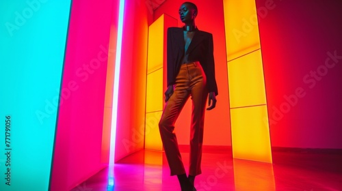 Stunning Fashion Model Strikes a Pose in Vibrant Light Tunnel with Orange Suit and Black High Heels. In a mesmerizing light tunnel  a confident fashion model strikes an elegant pose. 