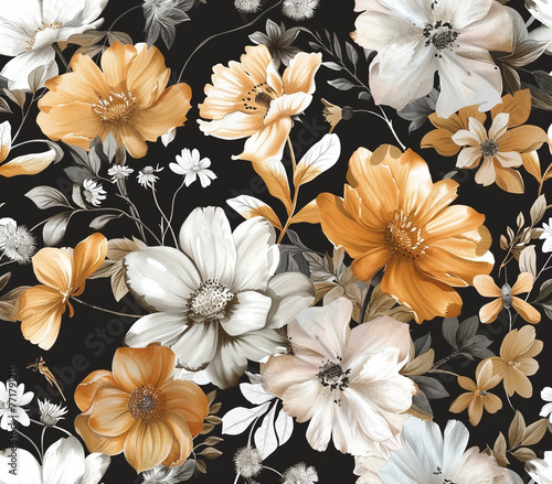 flowers and botany Dark brown  light brown  light orange  white  black  white background tones. In realistic charcoal style