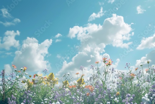 : A calming sky blue background with fluffy white clouds casting soft shadows on a field of wildflowers.