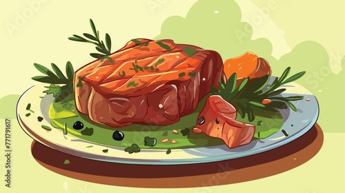 Barbeque Steak on Plate. Flat Vector Illustration f