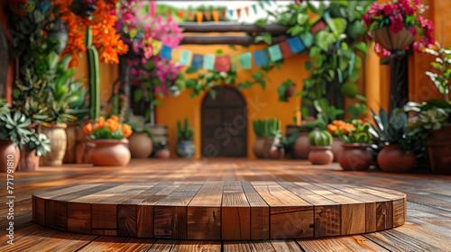 Empty wooden podium on wooden floor with mexican cinco de mayo festival backyard garden background for product presentation photo