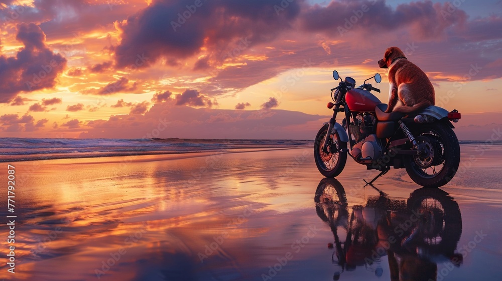 Fototapeta premium Motorcycle parked, dog waiting on seat, tranquil beach, twilight, loyal companion's quiet moment.
