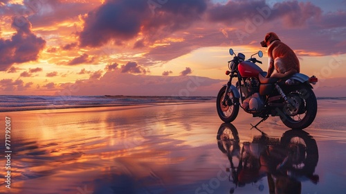 Motorcycle parked, dog waiting on seat, tranquil beach, twilight, loyal companion's quiet moment.