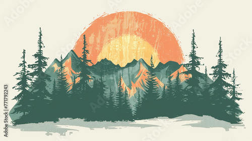 illustration of mountains hill, pine trees with sun rising in retro muted colors, solid outlines