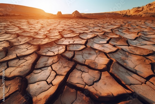 Arid Desert Ground, Close-Up of Cracked and Weathered Soil photo