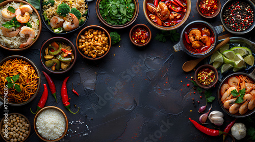 Asian food background with various ingredients on rustic stone background photo