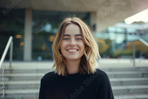 Picture of a intellectual smiling teenage lady student in a black sweater standing at the entrance to a university or collage looking into the camera and laughing.