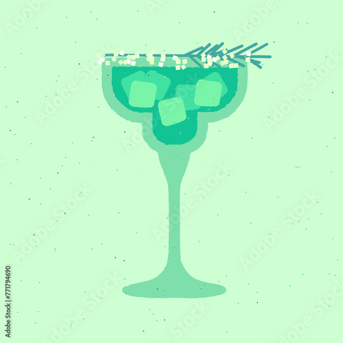 Blue cocktail with rosemary and ice cubes. Refreshing mocktail. Soda and gin tonic in a margarita glass. Alcohol drink for bar. Non-alcoholic beverage. Flat vector illustration with texture