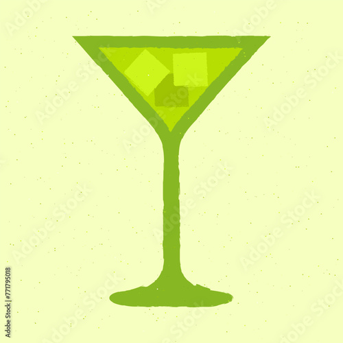 Green cocktail with ice cubes in a martini glass. Refreshing liquid for events. Tequila drink. Alcohol drink for bar. Flat vector illustration with texture