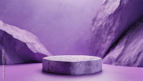 Rough stone podium for presentation, purple tones. Abstract empty podium for product presentation. © hardvicore