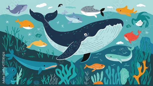 Flat Design Illustration: Whale and Marine Life Swimming in the Ocean photo