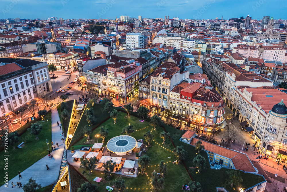 Lisbon Square and park on a roof of Passeio dos Clerigos shopping mall in Porto, Portugal