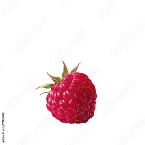 A ripe raspberry, a seedless fruit, with a green stem on a transparent background