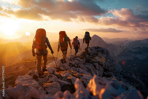 A group of four people are hiking up a mountain, with the sun setting in the sunrise background. Scene is adventurous and exciting, as the group is taking on a challenging hike