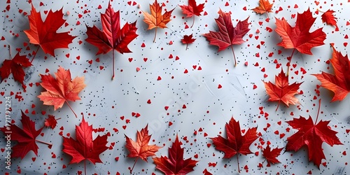 Canada Day Celebration: Flat Lay of Canadian Flags, Maple Leaves, and Confetti on White Background. Concept Canada Day, Flat Lay Styling, Canadian Flags, Maple Leaves, Confetti Decoration photo