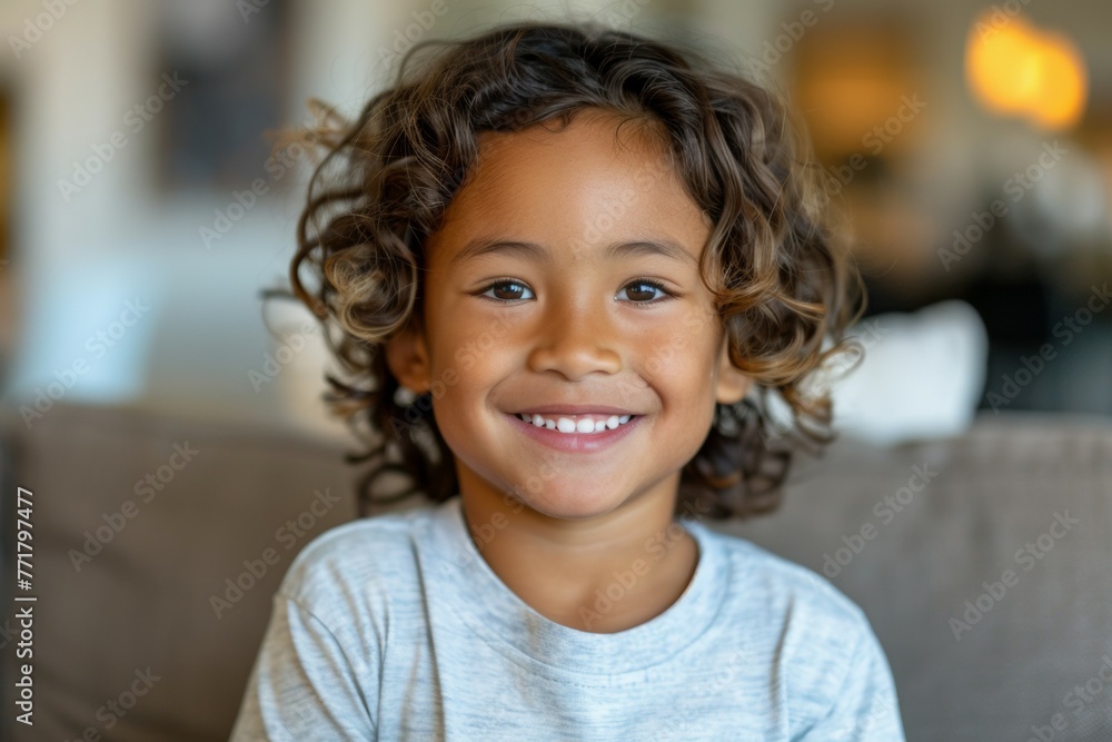 A young child with curly hair is smiling and looking at the camera A young child with curly hair is smiling and looking at the camera