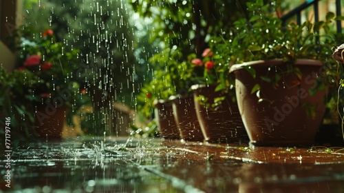 Rain on the terrace of the house, with droplets cascading down from the overhanging roof, pooling on the ground below photo