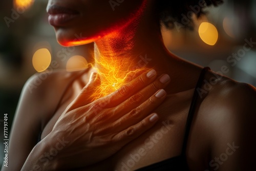 A woman's neck is covered in red and orange sparks, pain concept