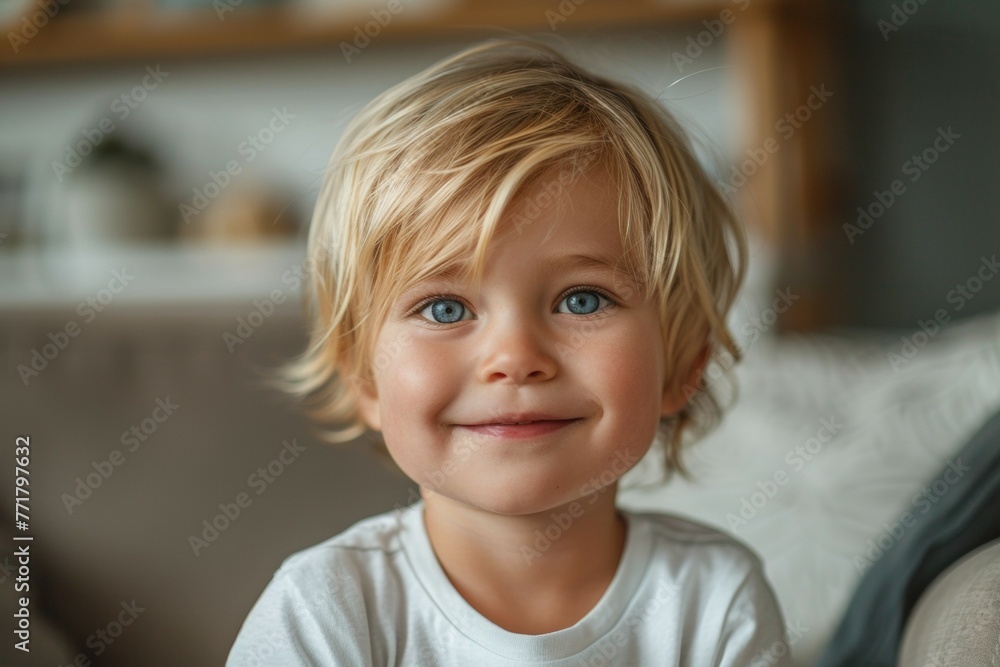 A young blonde child with blue eyes is smiling and looking at the camera