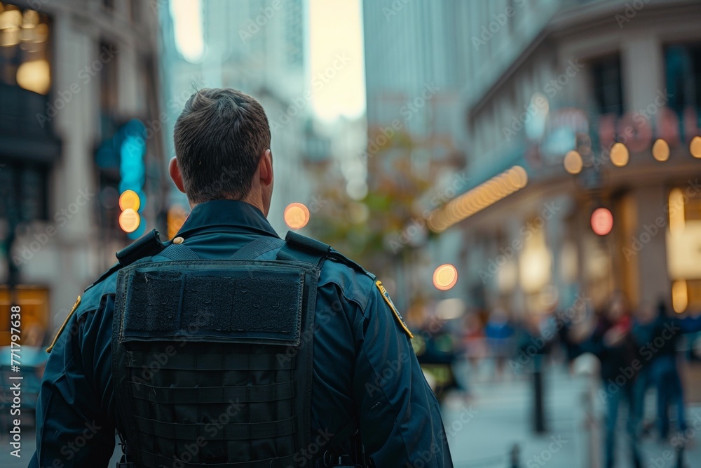 A police officer stands on a city street, looking to his right A police officer stands on a city street, looking to his right