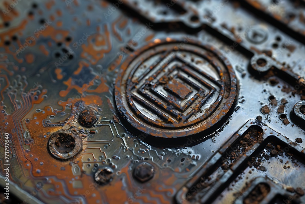 : A fvectors logo etched into a weathered circuit board, pulsating with a sense of innovation.