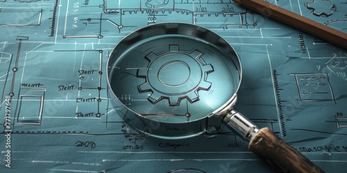 A precision-focused magnifying glass hones in on a cogwheel against a backdrop of process optimization, refining efficiency.