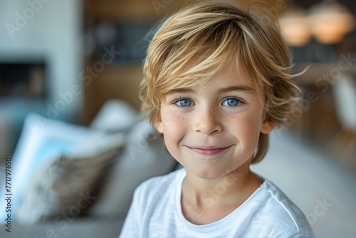 A young boy with blonde hair and blue eyes is smiling for the camera