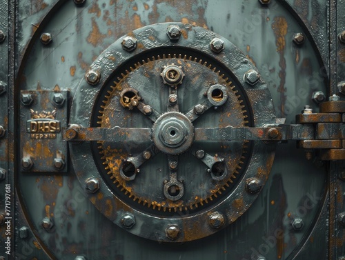 A sleek vault door with mechanical gears, set against a backdrop of financial security, protects valuable assets.