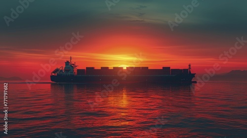 Minimalist cargo ship silhouette with containers of gold bars, on a maritime trade background, shipping wealth. © Kanisorn