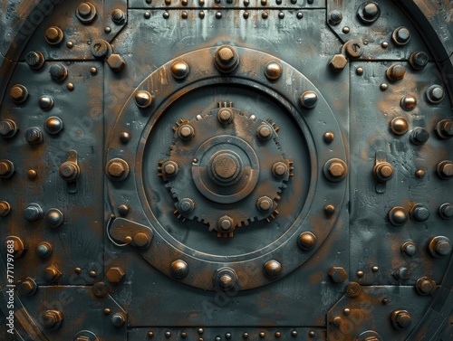 Minimal style vault door with industrial gears mechanism, on a secure financial background, safeguarding assets.
