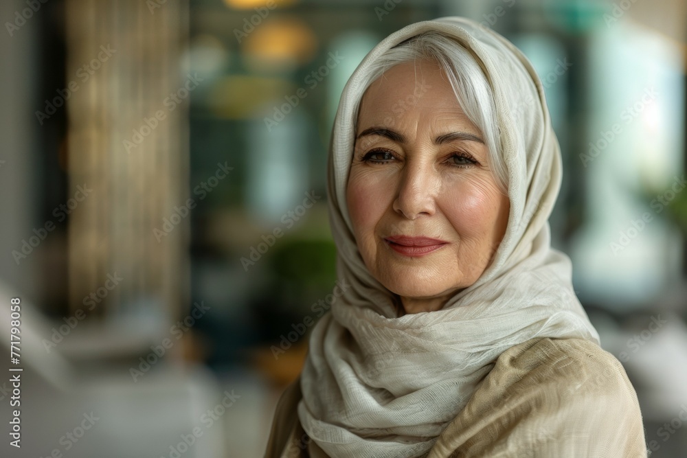 A woman wearing a white scarf and a white shirt is smiling A woman wearing a white scarf and a white shirt is smiling