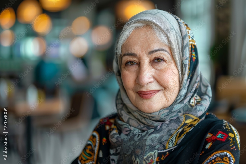 A woman wearing a scarf and a black dress is smiling A woman wearing a scarf and a black dress is smiling