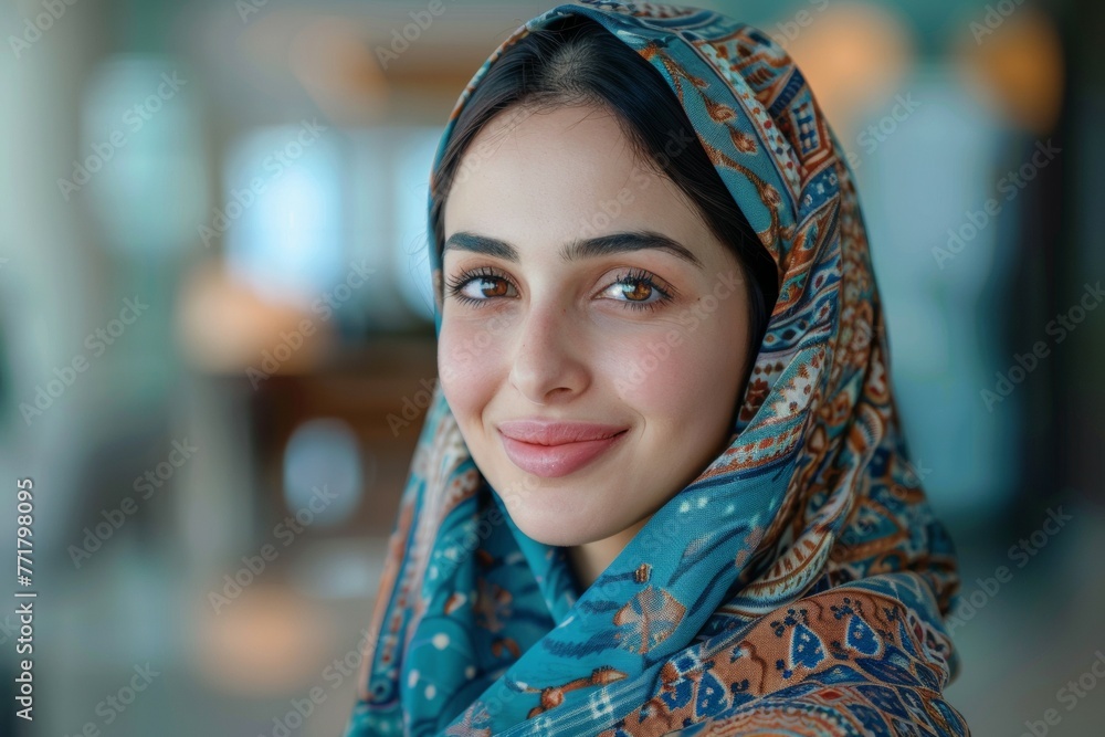 A woman with a blue scarf on her head is smiling A woman with a blue scarf on her head is smiling