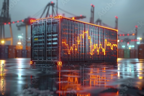 Outline of a shipping container with a glowing profit chart inside, on a logistics background, trading gains.