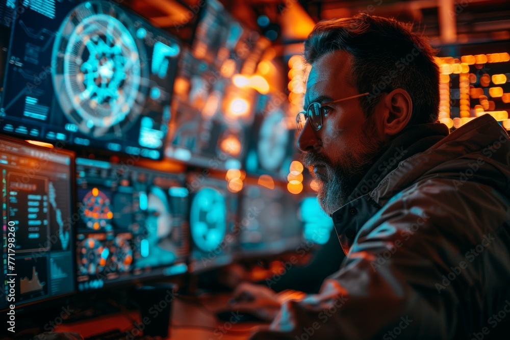 A man is looking at a computer monitor with a lot of numbers and graphs on it